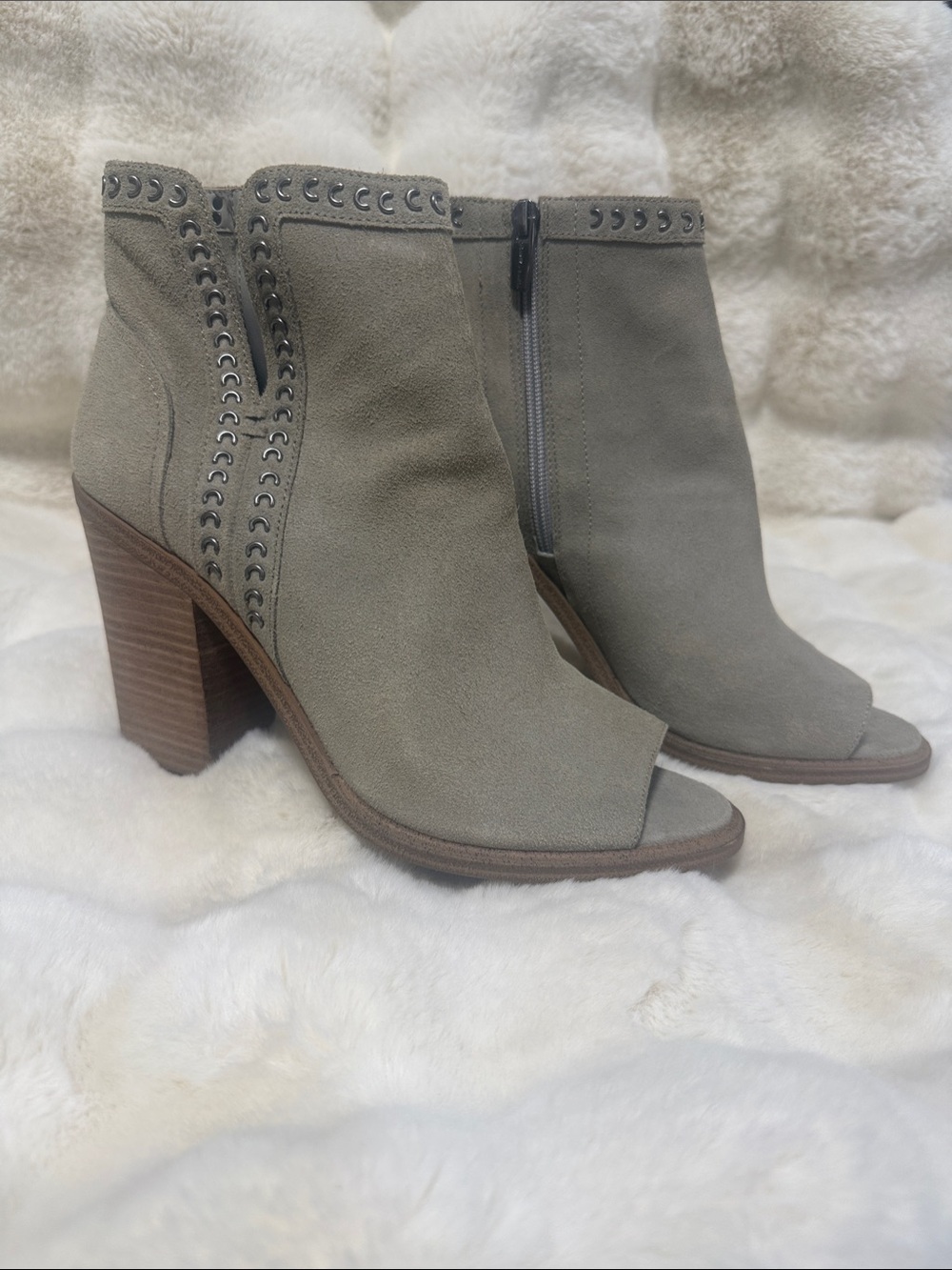 Vince Camuto Taupe Suede Open-Toe Ankle Booties with Stud Trim